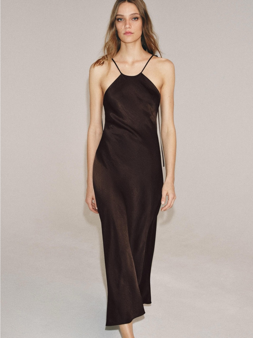 Zara Strapless Satin Slip Dress in Brown